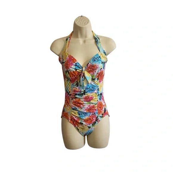 Anthropologie Seafolly Australia Size 12 Pretty Garden Halter One Piece Swimsuit - Picture 1 of 7